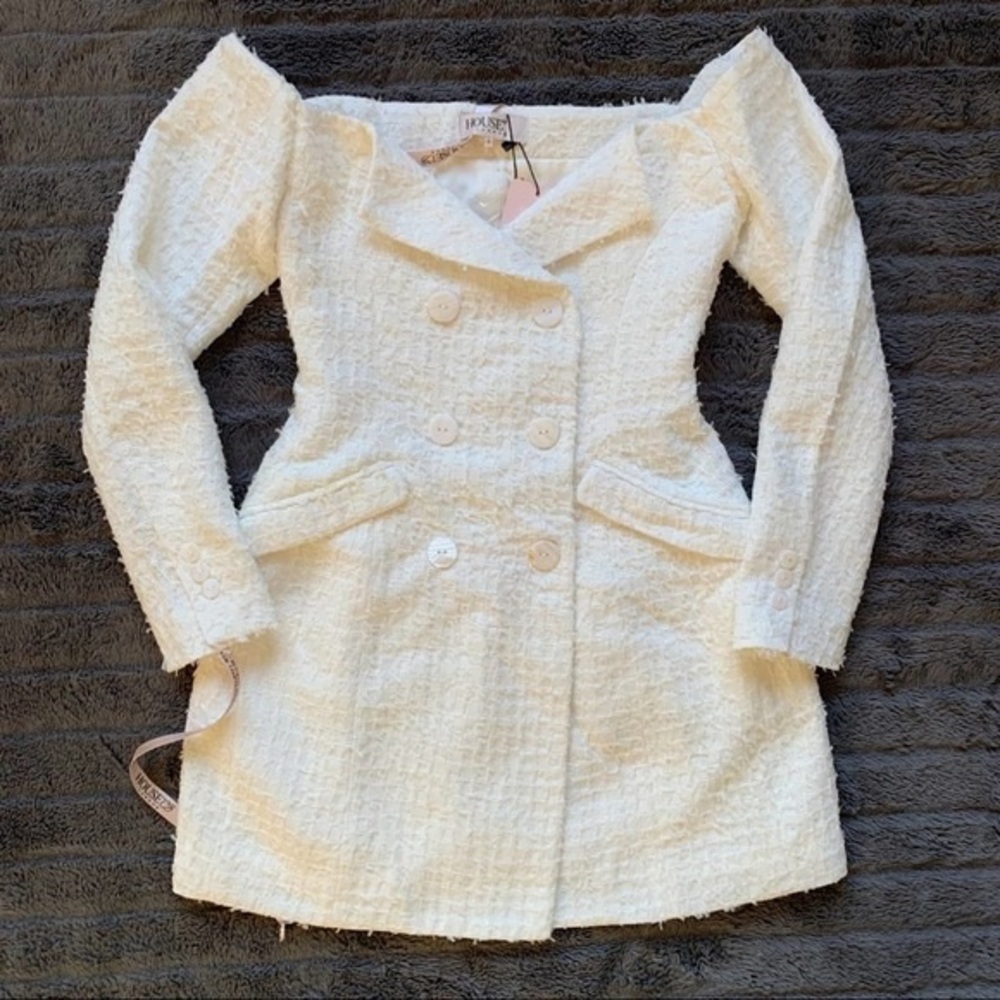 HOUSE OF CB/ Nia Tweed White Elegant Structured Off Cold Shoulder Blazer Dress
